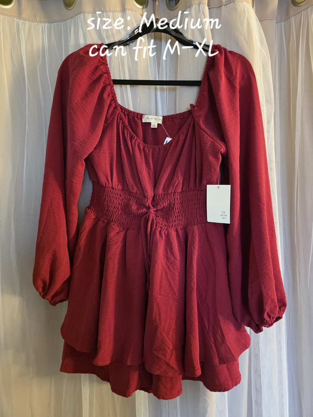 Unknown Brand Red Long-Sleeve Smocked Waist Peasant Top